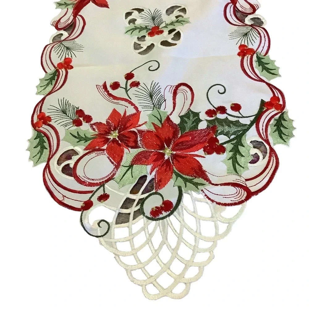 Christmas Table Runner 67x13 Poinsettia Holly Embroidered Cutwork Ivory Red